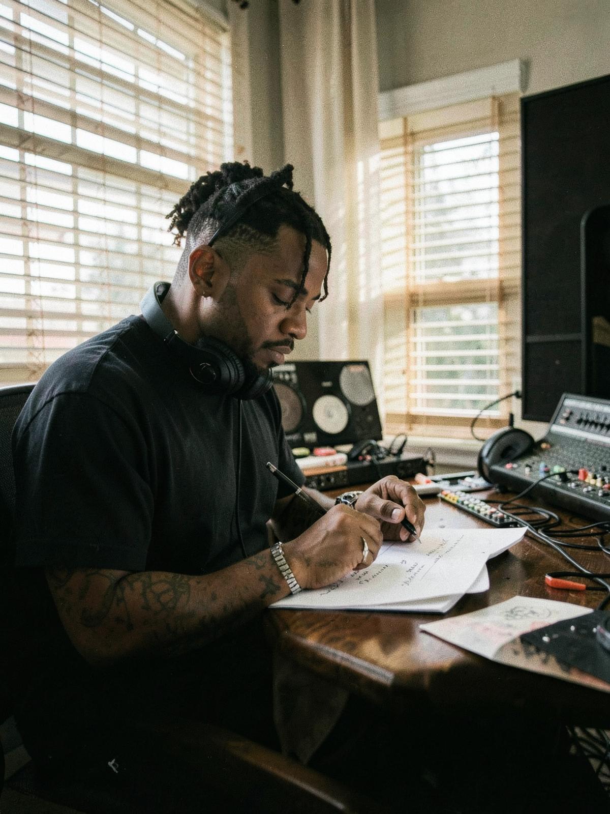 Songwriter working in a home studio